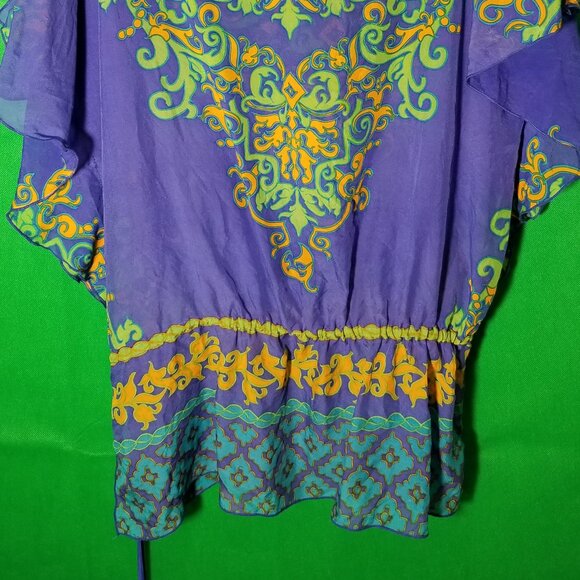 Hale Bob Womens Small Cold Shoulder Blouse Silk Boho Festival Green Blue - Picture 4 of 7